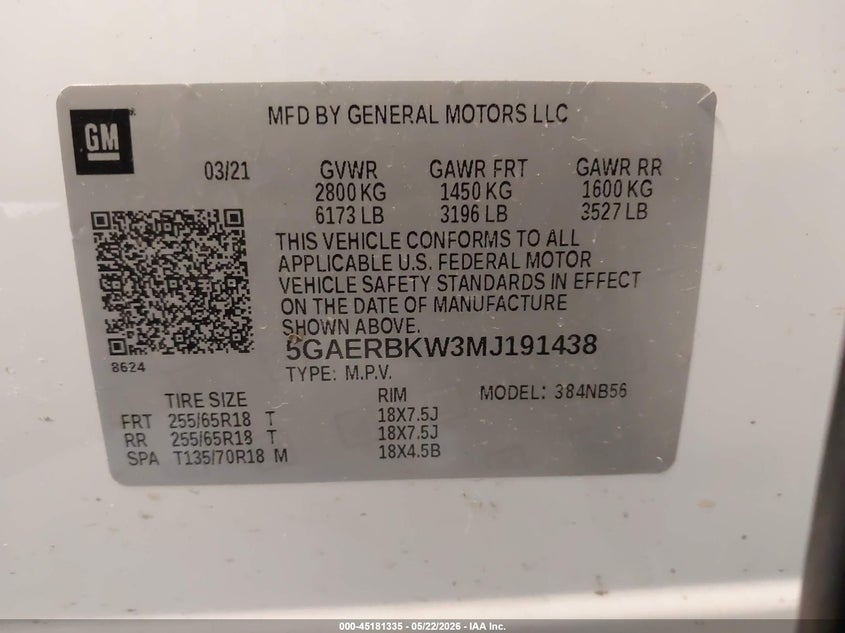 2021 Buick Enclave Fwd Essence VIN: 5GAERBKW3MJ191438 Lot: 45181335