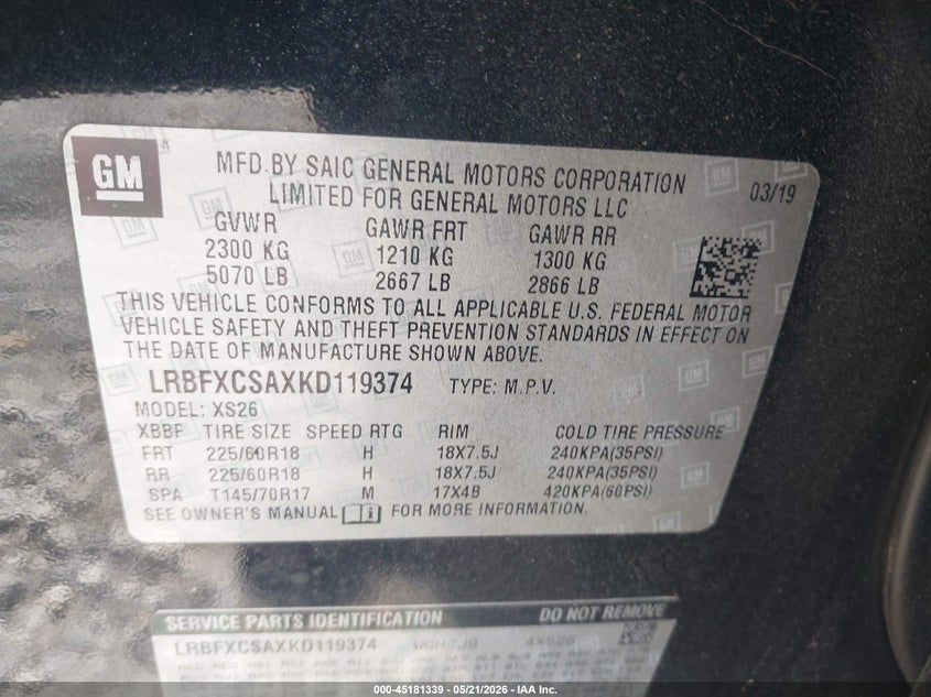 2019 Buick Envision Fwd Essence VIN: LRBFXCSAXKD119374 Lot: 45181339