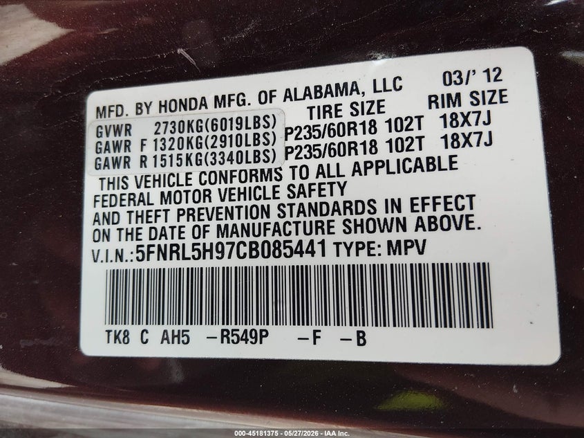 2012 Honda Odyssey 3.5 Touring/Touring Elite brown Lot 111045181375 Vin 5FNRL5H97CB085441