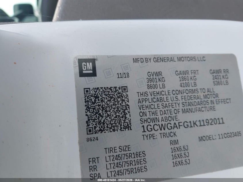 2019 Chevrolet Express 2500 Work Van VIN: 1GCWGAFG1K1192011 Lot: 45181424