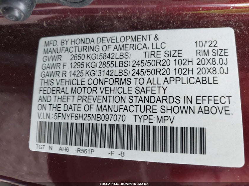 HONDA PILOT 2022 VIN 5FNYF6H25NB097070