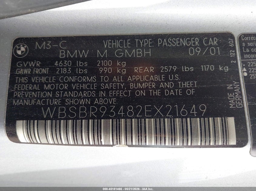 2002 BMW M3 VIN: WBSBR93482EX21649 Lot: 45181466