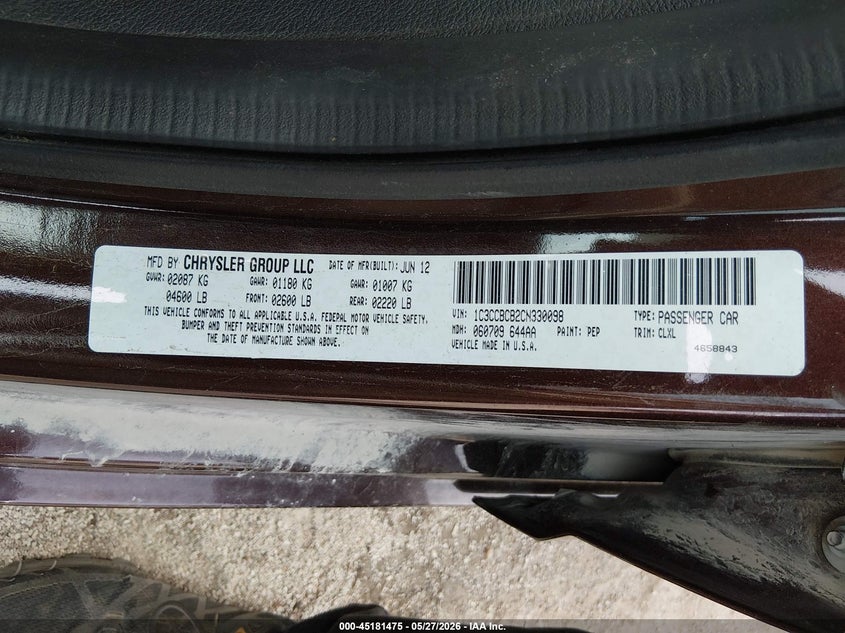 1C3CCBCB2CN330098 2012 Chrysler 200 2.4 Limited brown