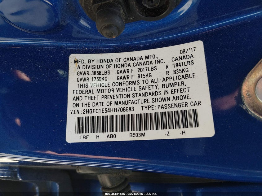 VIN 2HGFC1E54HH706683 2017 HONDA CIVIC SI