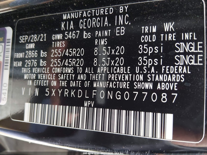 2022 Kia Sorento Sx VIN: 5XYRKDLF0NG077087 Lot: 45181510