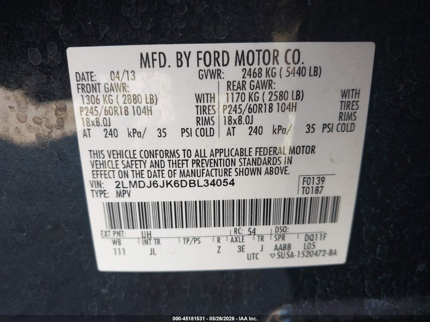 2013 Lincoln Mkx VIN: 2LMDJ6JK6DBL34054 Lot: 45181531