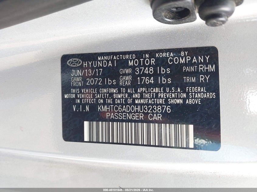 2017 Hyundai Veloster Value Edition VIN: KMHTC6AD0HU323876 Lot: 45181545
