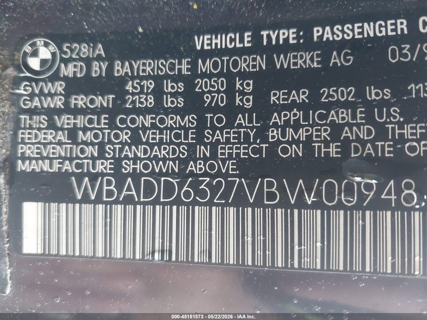 1997 BMW 528I VIN: WBADD6327VBW00948 Lot: 45181573