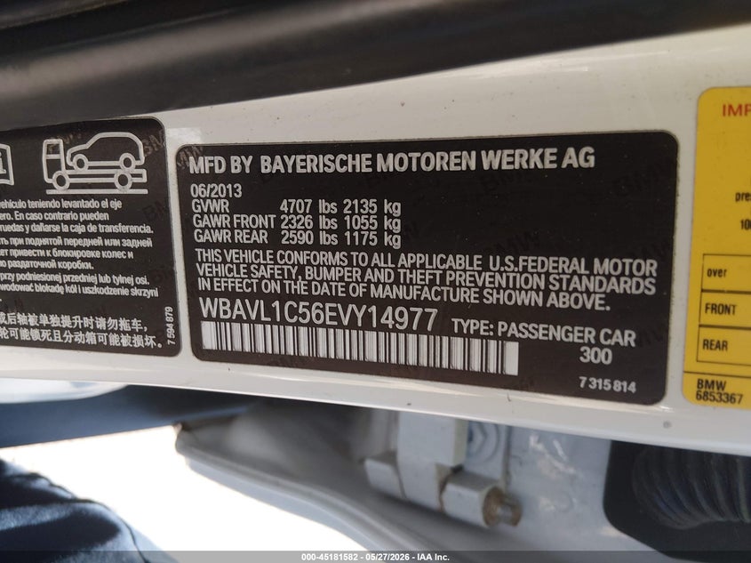 2014 BMW X1 xDrive28I VIN: WBAVL1C56EVY14977 Lot: 45181582