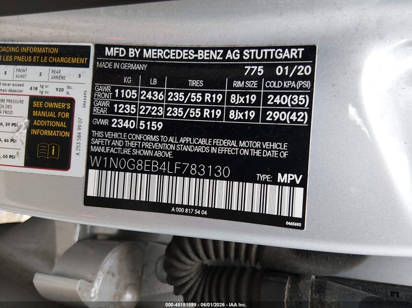 2020 Mercedes-Benz Glc 300 4Matic VIN: W1N0G8EB4LF783130 Lot: 45181599
