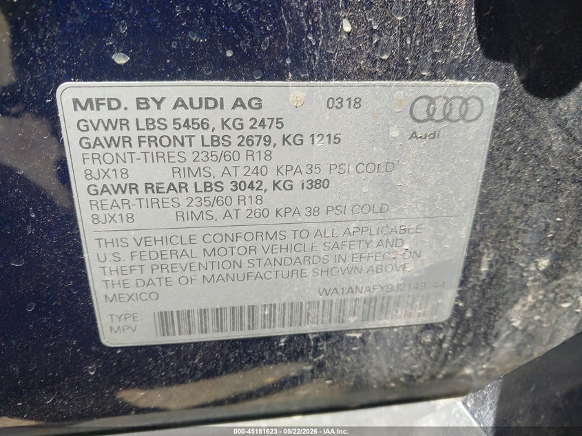 2018 Audi Q5 2.0T Premium/2.0T Tech Premium VIN: WA1ANAFY9J2149144 Lot: 45181623