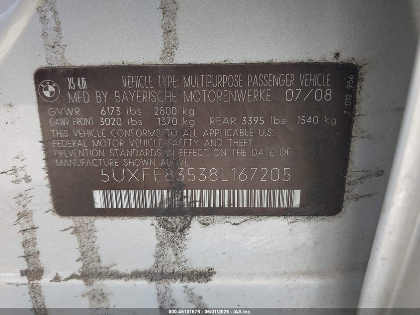 2008 BMW X5 4.8I VIN: 5UXFE83538L167205 Lot: 45181676