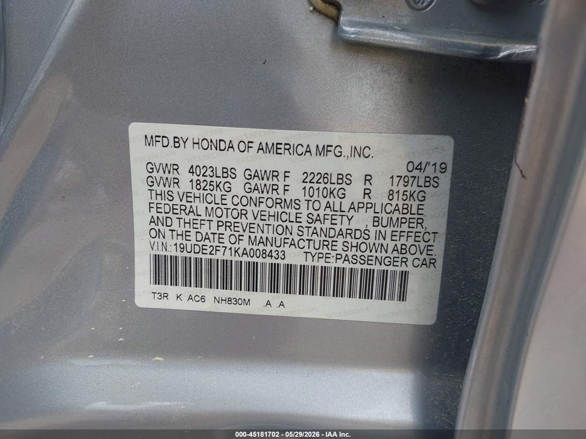 2019 Acura Ilx Premium Package/Technology Package VIN: 19UDE2F71KA008433 Lot: 45181702