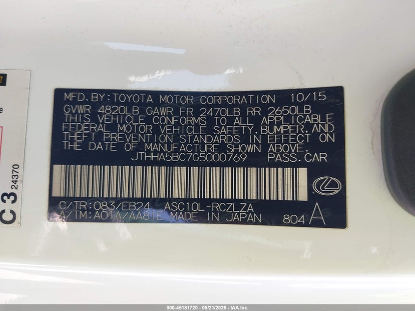 2016 Lexus Rc 200T VIN: JTHHA5BC7G5000769 Lot: 45181720