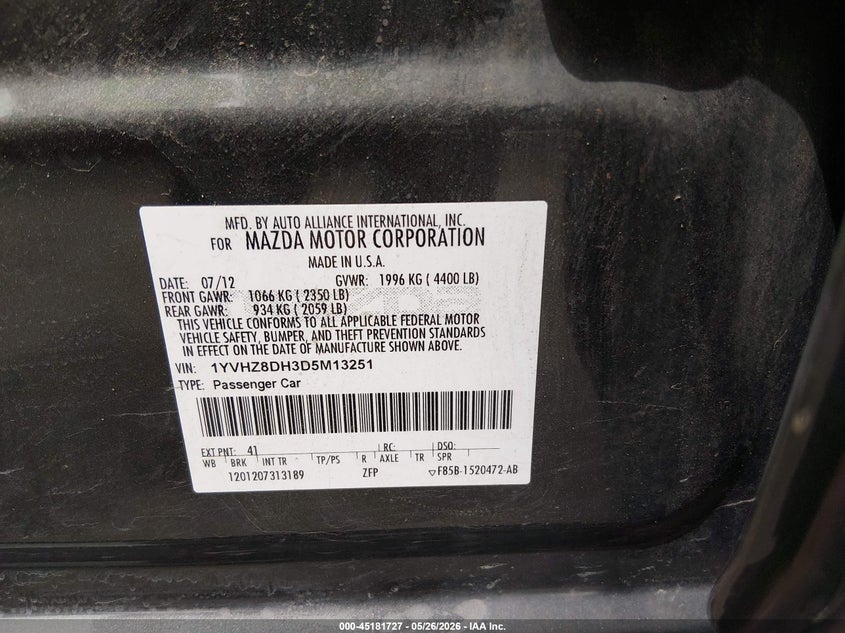 2013 Mazda Mazda6 I Touring VIN: 1YVHZ8DH3D5M13251 Lot: 45181727