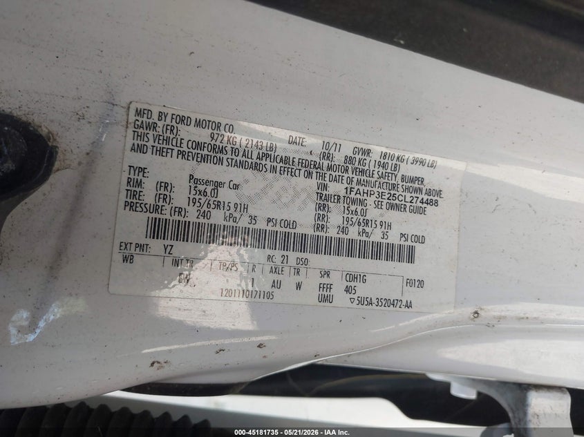 2012 Ford Focus 2.0 S white Lot 111045181735 Vin 1FAHP3E25CL274488