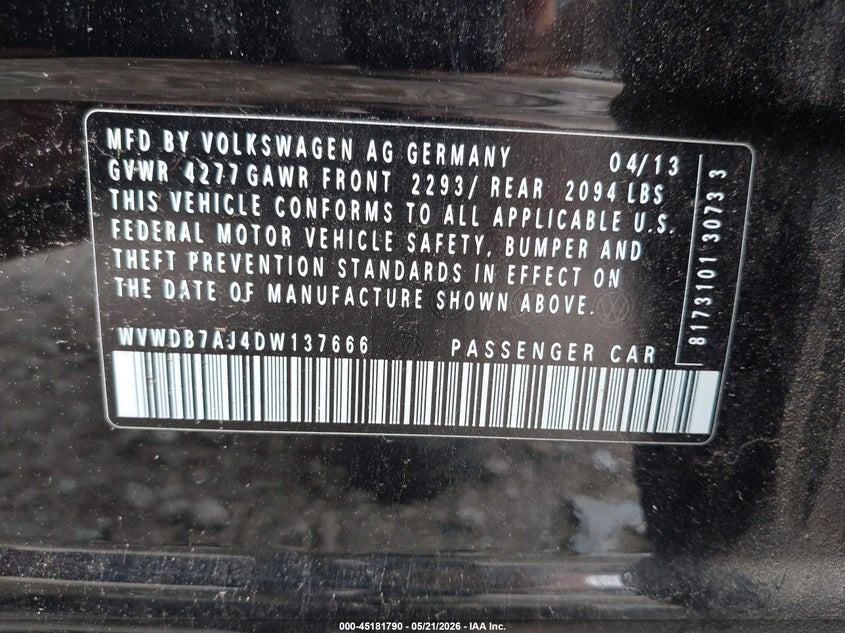 2013 Volkswagen Golf 2.5L 4-Door VIN: WVWDB7AJ4DW137666 Lot: 45181790