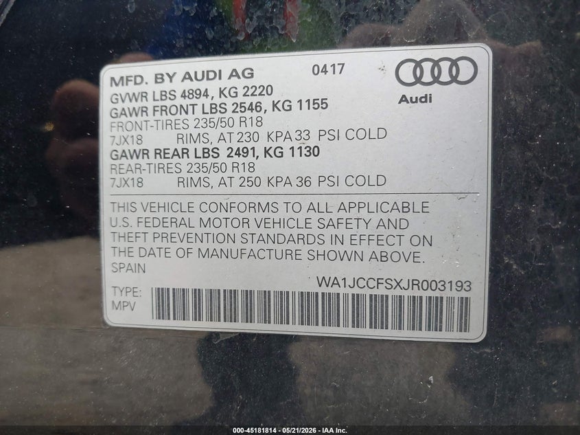 2018 Audi Q3 2.0T Premium/2.0T Sport Premium VIN: WA1JCCFSXJR003193 Lot: 45181814