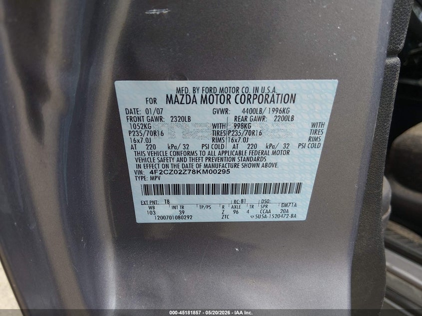 2008 Mazda Tribute VIN: 4F2CZ02Z78KM00295 Lot: 45181857