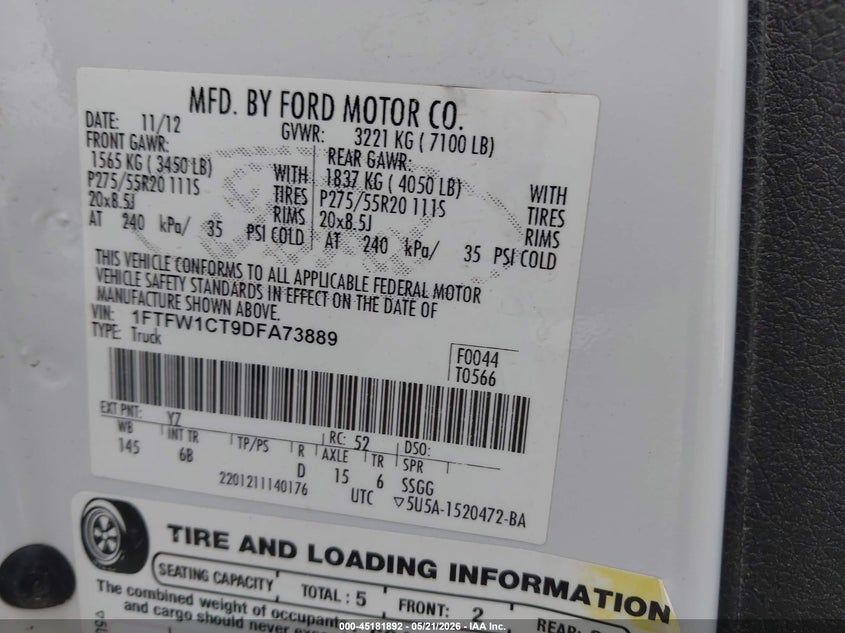 2013 FORD F-150 TRUCK 3.5L V-6 DI, DOHC, VVT, TURBO, 365HP