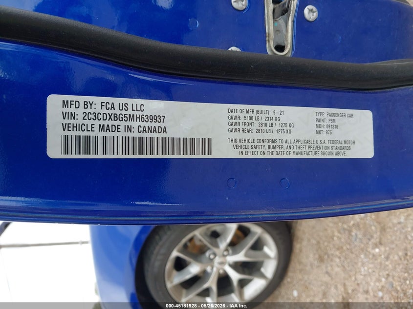 2021 DODGE CHARGER SEDAN 3.6L V-6 DOHC, VVT, 292HP