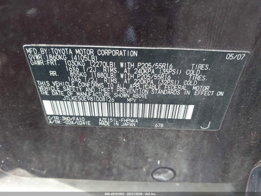 2008 Scion Xb VIN: JTLKE50E981008126 Lot: 45181952