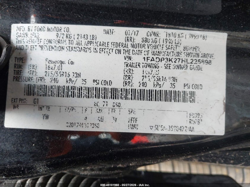 2017 FORD FOCUS HATCHBACK 2.0L I-4 DI, DOHC, VVT, 160HP