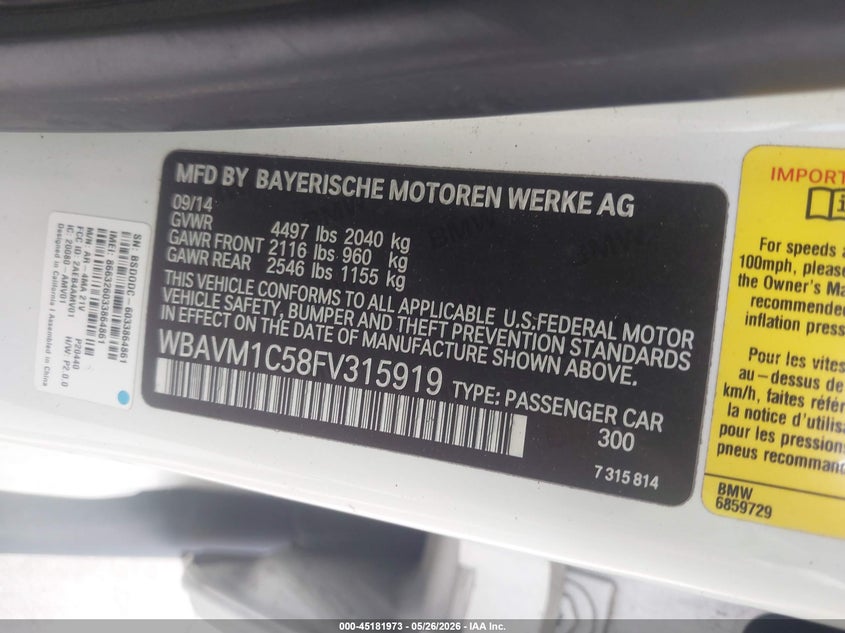 2015 BMW X1 Sdrive28I VIN: WBAVM1C58FV315919 Lot: 45181973