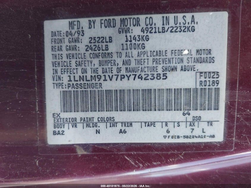 1993 Lincoln Mark Viii VIN: 1LNLM91V7PY742385 Lot: 45181975