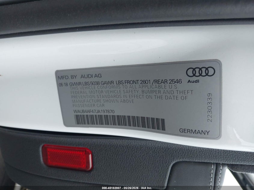 2018 Audi S4 3.0T Premium Plus VIN: WAUB4AF47JA197870 Lot: 45182007