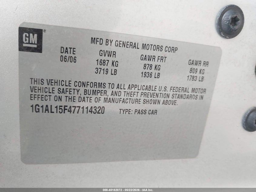 2007 Chevrolet Cobalt Lt VIN: 1G1AL15F477114320 Lot: 45182072