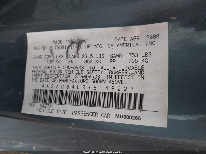 2000 Mitsubishi Eclipse Gt VIN: 4A3AC84L0YE149227 Lot: 45182120