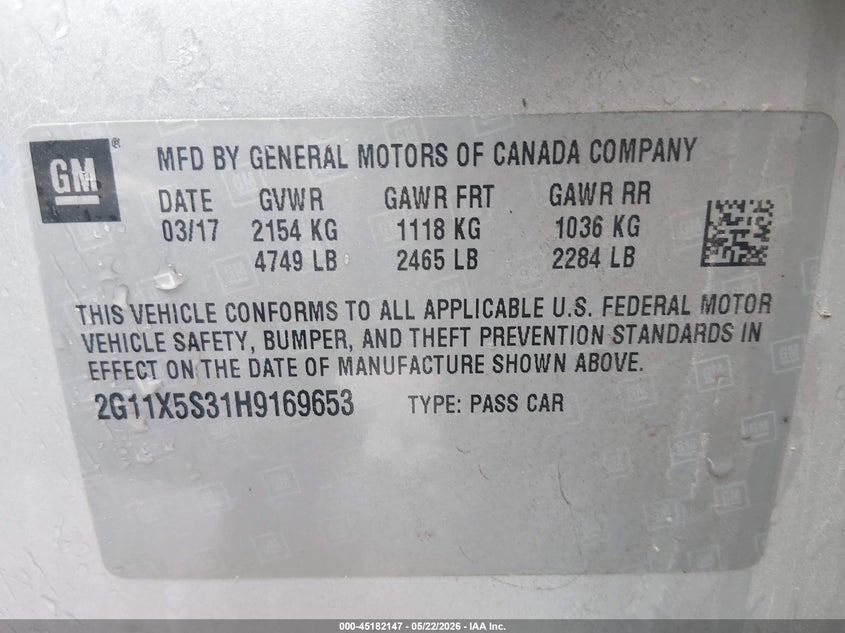 2017 CHEVROLET IMPALA SEDAN 3.6L V-6 DI, DOHC, VVT, 305HP
