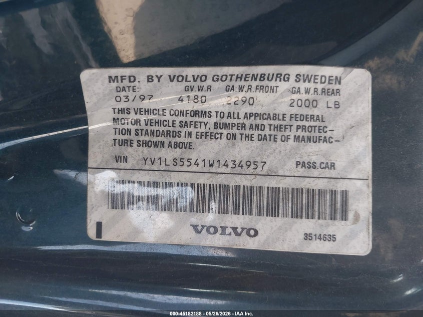 1998 Volvo S70 Gtas/Gtms VIN: YV1LS5541W1434957 Lot: 45182188
