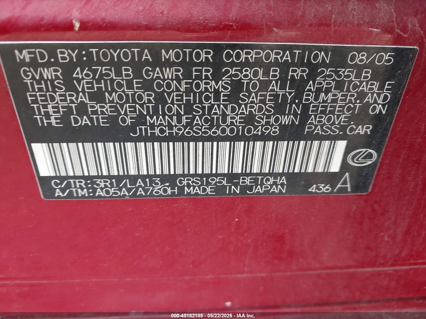 2006 Lexus Gs 300 VIN: JTHCH96S560010498 Lot: 45182189