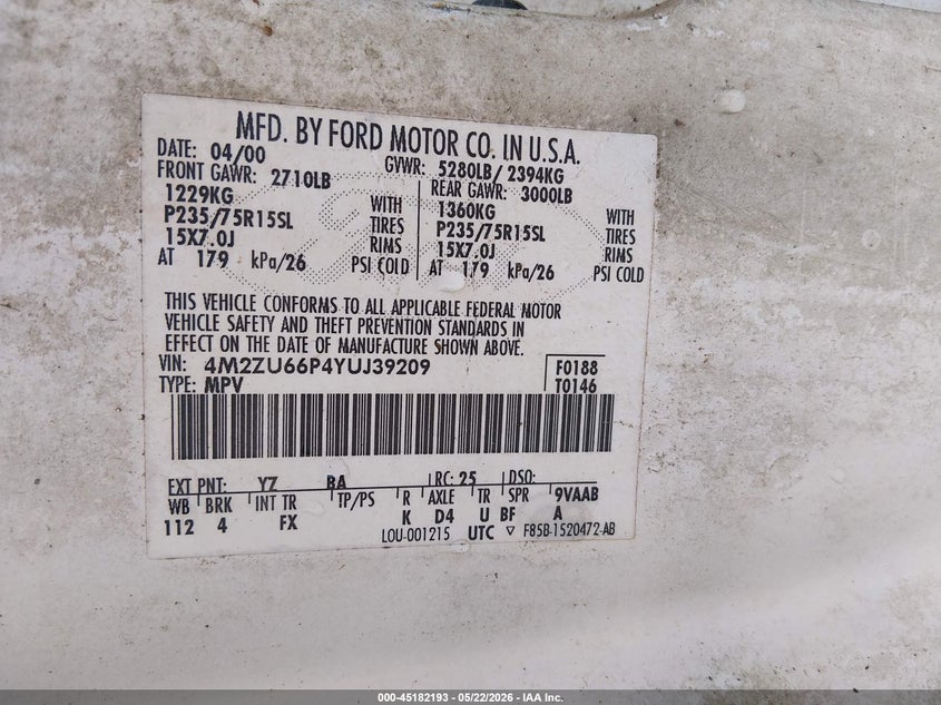 2000 Mercury Mountaineer VIN: 4M23U66P4YUJ39209 Lot: 45182193