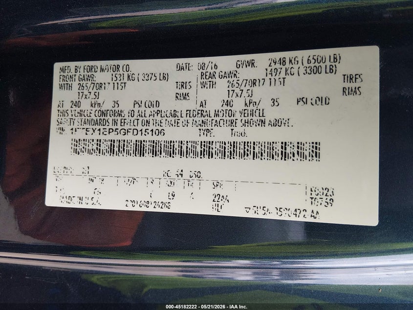 2016 FORD F-150 TRUCK 2.7L V-6 DI, DOHC, VVT, TURBO, 325HP