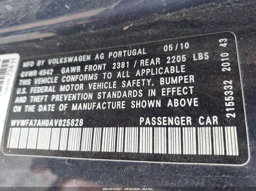 2010 Volkswagen Eos Lux VIN: WVWFA7AH0AV025828 Lot: 45182227