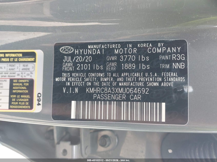 2021 Hyundai Venue Sel VIN: KMHRC8A3XMU064692 Lot: 45182312