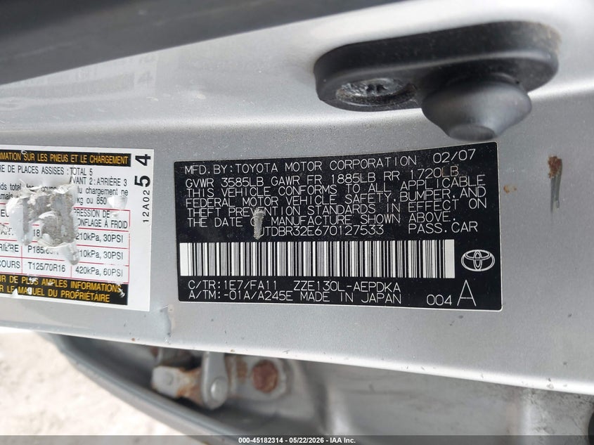 2007 TOYOTA COROLLA SEDAN 1.8L I-4 DOHC, VVT, 126HP