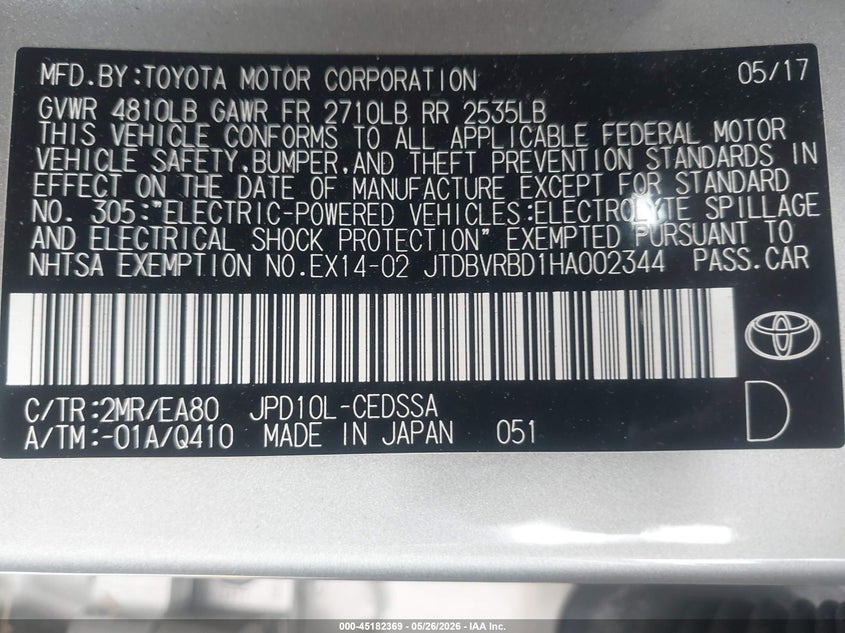 2017 Toyota Mirai VIN: JTDBVRBD1HA002344 Lot: 45182369