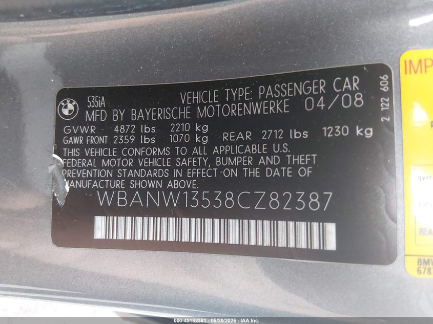2008 BMW 535I VIN: WBANW13538CZ82387 Lot: 45182381