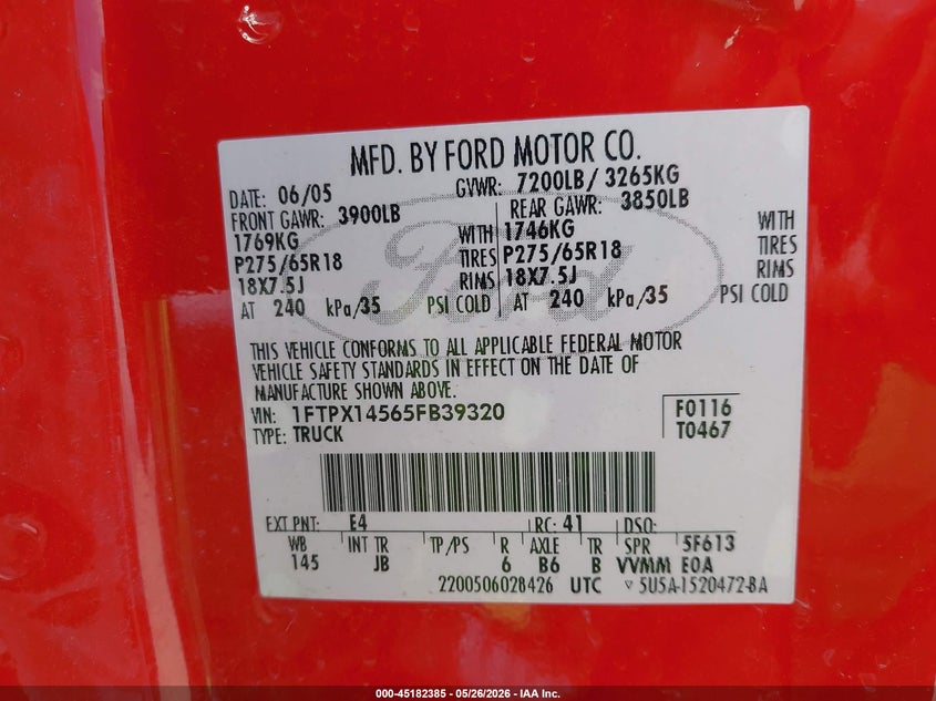 2005 Ford F-150 5.4 Fx4/Lariat/Xl/Xlt red Lot 111045182385 Vin 1FTPX14565FB39320