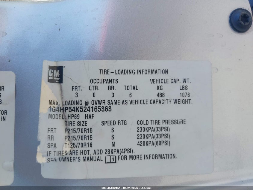 2002 Buick Lesabre Custom VIN: 1G4HP54K524165363 Lot: 45182451