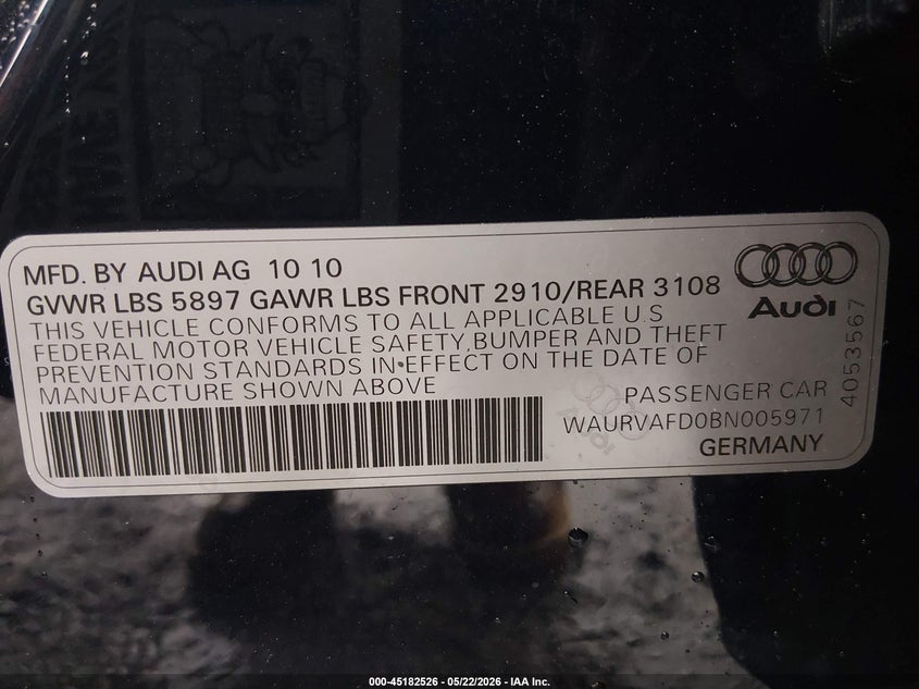 2011 Audi A8 L 4.2 VIN: WAURVAFD0BN005971 Lot: 45182526