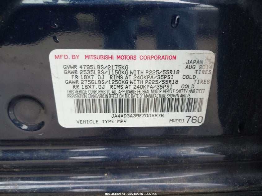 2015 MITSUBISHI OUTLANDER SPORT UTILITY VEHICLE 2.4L I-4 VVT, 166HP