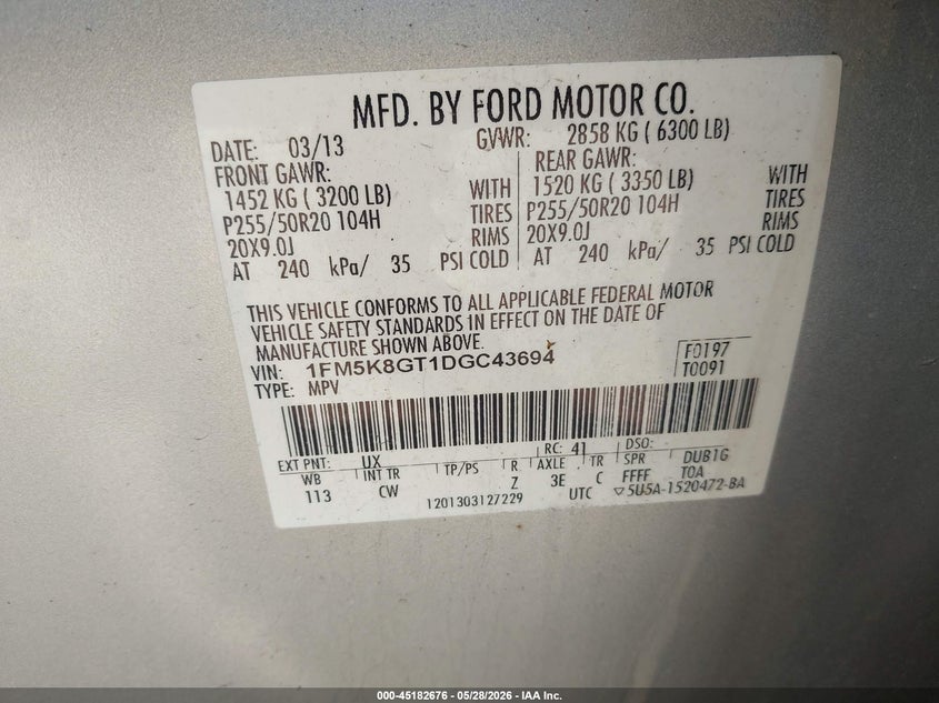 FORD EXPLORER 2013 VIN 1FM5K8GT1DGC43694
