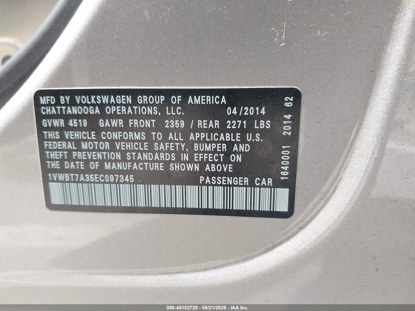 2014 VOLKSWAGEN PASSAT SEDAN 1.8L I-4 DI, DOHC, VVT, TURBO, 170HP