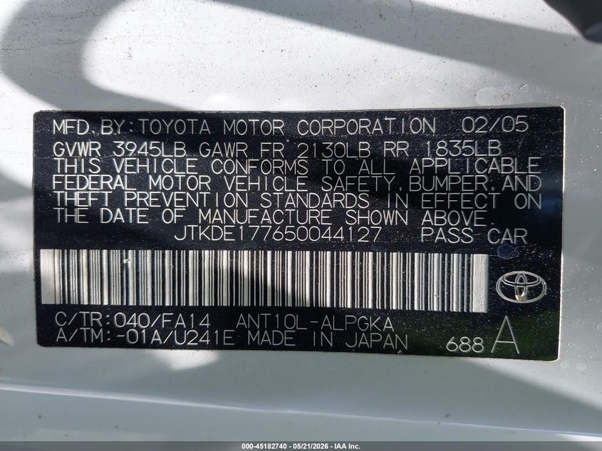 2005 Scion Tc VIN: JTKDE177650044127 Lot: 45182740