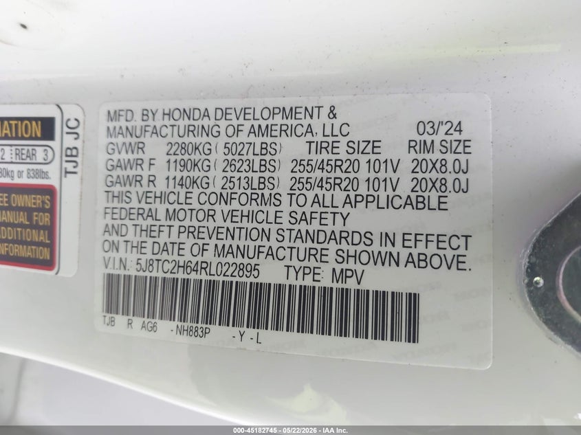2024 Acura Rdx A-Spec Package VIN: 5J8TC2H64RL022895 Lot: 45182745